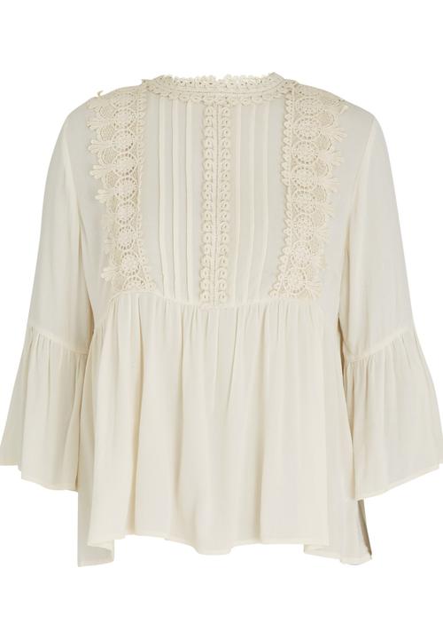 Revenge - Lace Trim Peasant Blouse Beige
