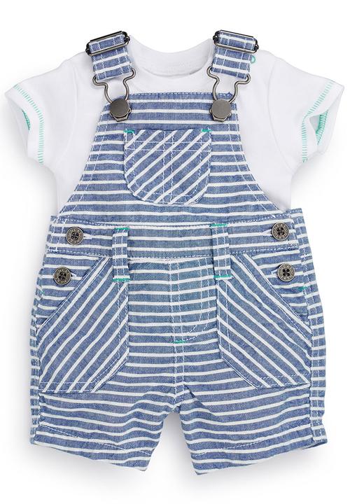 Next - Fine Stripe Dungarees With Bodysuit Blue/White