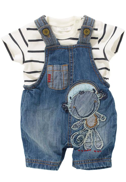 Next - Monkey Cropped Dungarees 2-Piece Set Blue/White