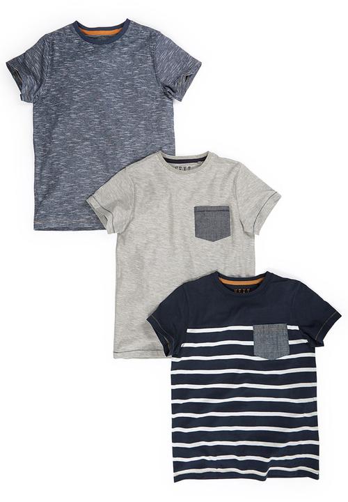 Next - Textured Stripe And Plain T-Shirts 3-Pack Multi-Colour
