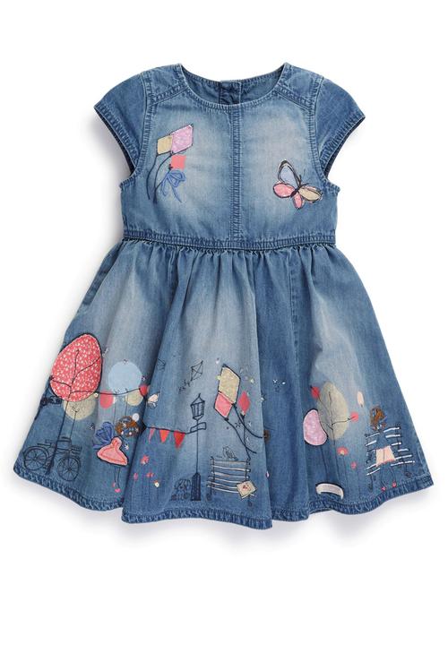 Next - Scene Embroidered Denim Dress Mid Blue