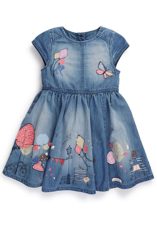 Next - Scene Embroiered Denim Dress Mid Blue