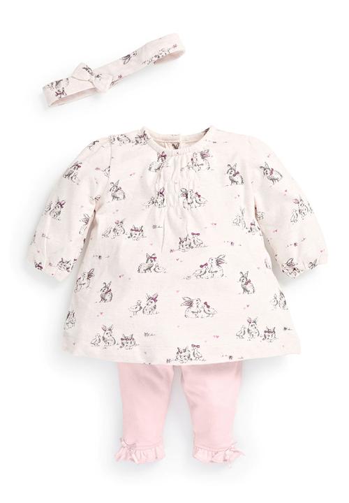 Next - Marl Bunny Printed Tunic Leggings And Headband 3-Piece Set Pale Pink