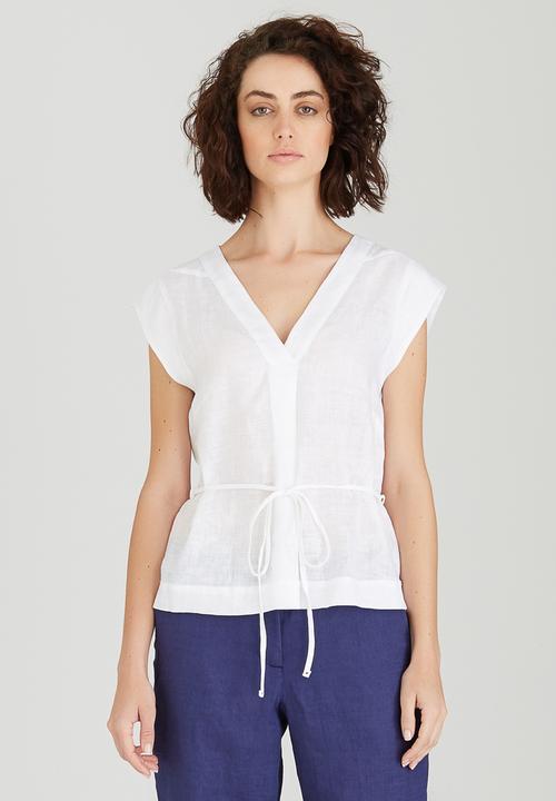 Jenja - Linen V-neck Top with Ties White