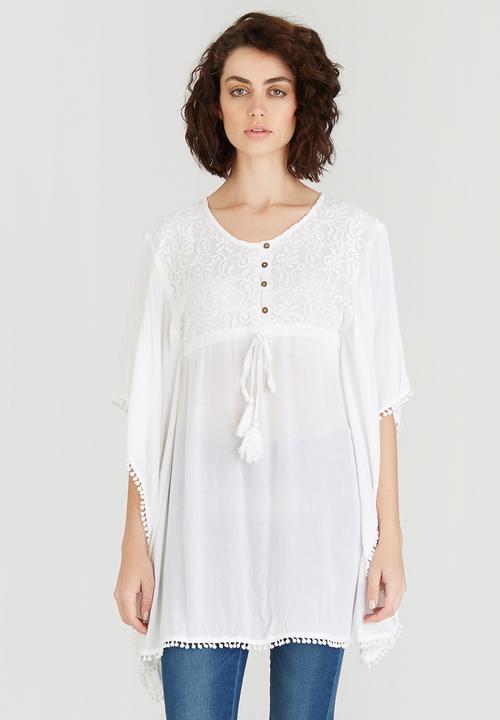 G Couture - Lace Inset Batwing Tunic Top White