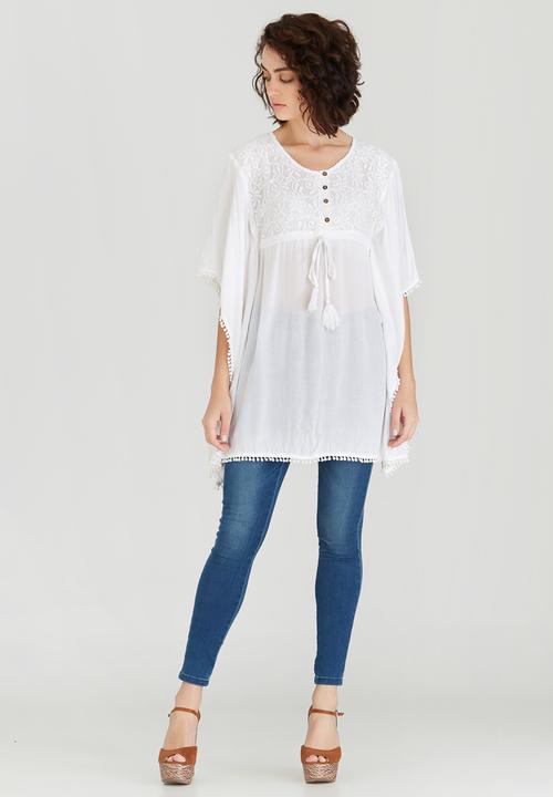 G Couture - Lace Inset Batwing Tunic Top White