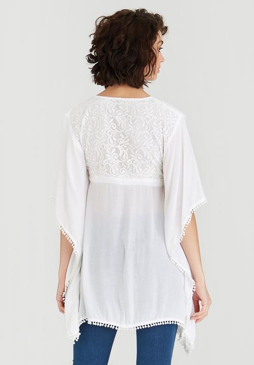 G Couture - Lace Inset Batwing Tunic Top White