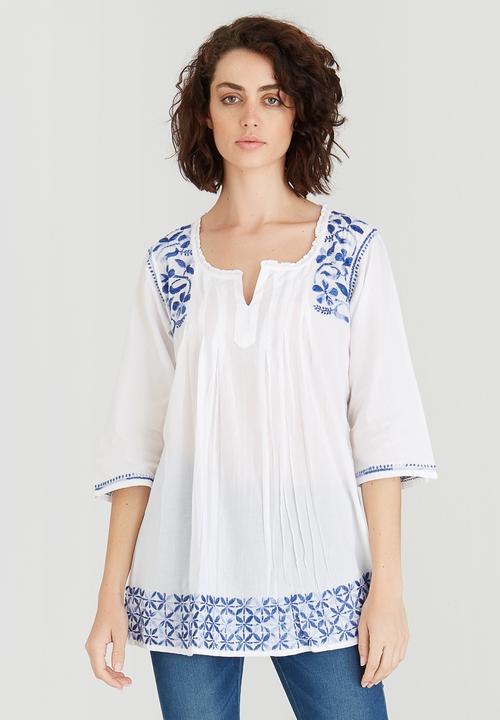 G Couture - Border Embroidered Tunic Top Blue and White