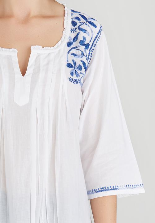 G Couture - Border Embroidered Tunic Top Blue and White