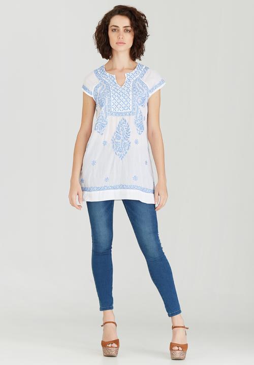 G Couture - Notch Neck Embroidered Top Blue and White