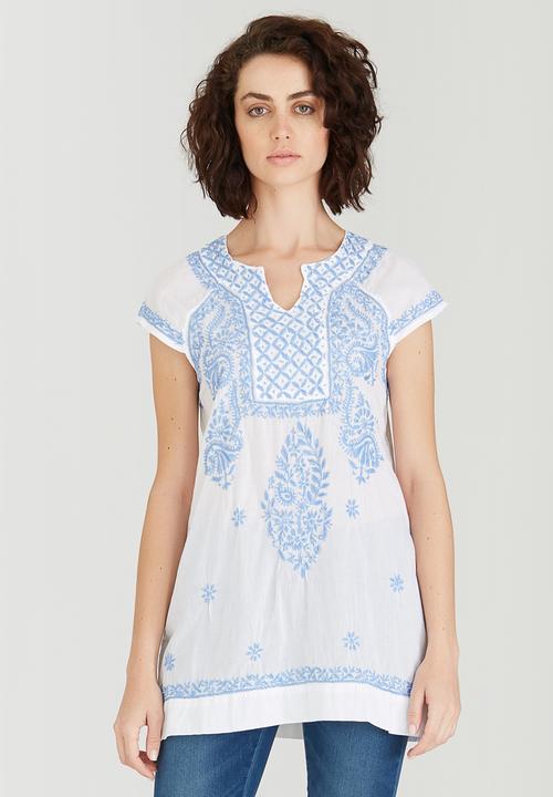 G Couture - Notch Neck Embroidered Top Blue and White