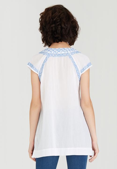 G Couture - Notch Neck Embroidered Top Blue and White