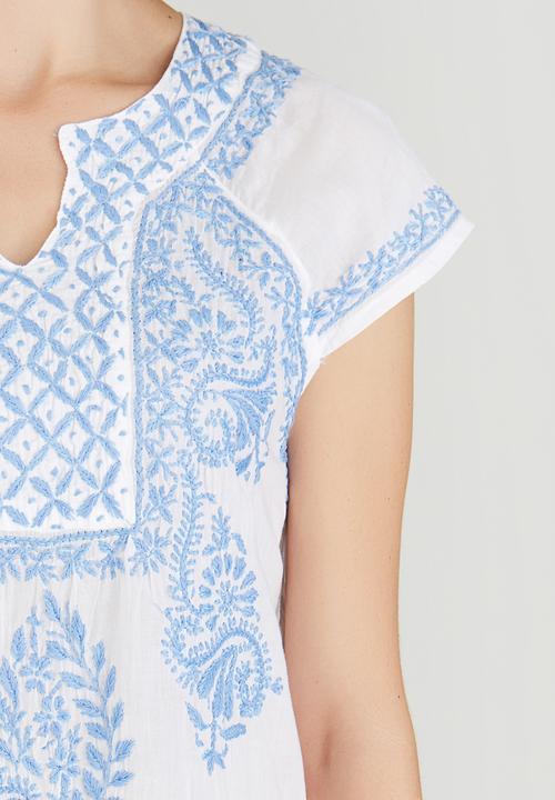 G Couture - Notch Neck Embroidered Top Blue and White