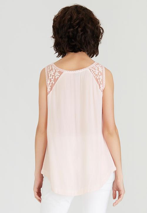 G Couture - Mesh Embroidered  Shoulder Yoke Top Pale Pink