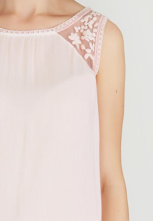 G Couture - Mesh Embroidered  Shoulder Yoke Top Pale Pink