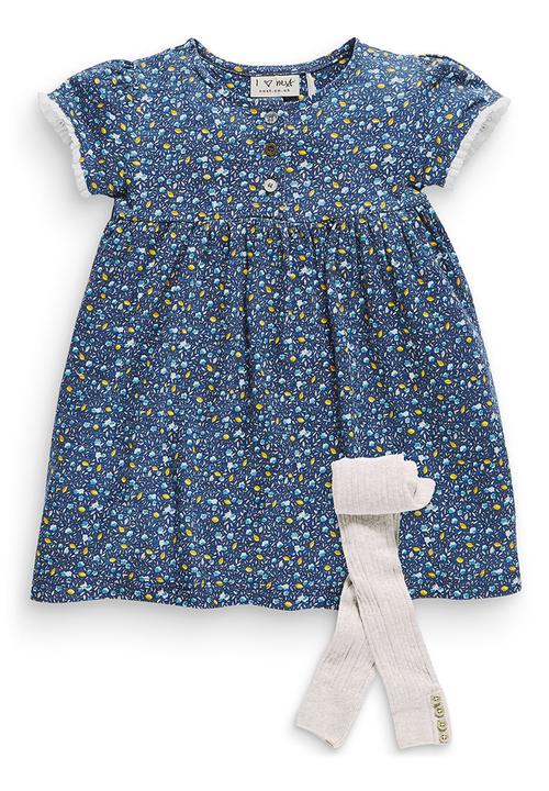 Next - Ditsy dress and tights set Blue and White