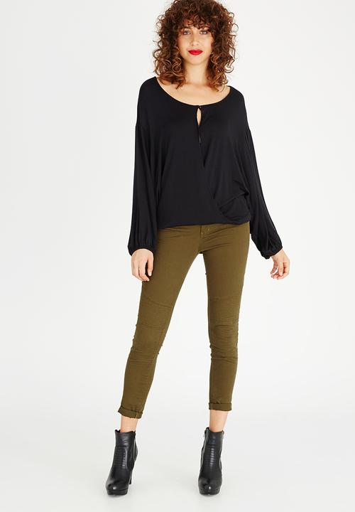 Brave Soul - Long Sleeve Drape Cross Over Top Black