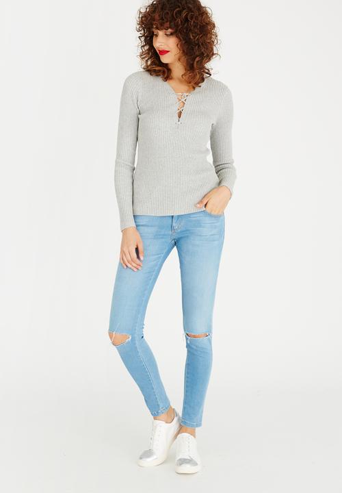 ONLY - Ribba Lace-up Top Pale Grey