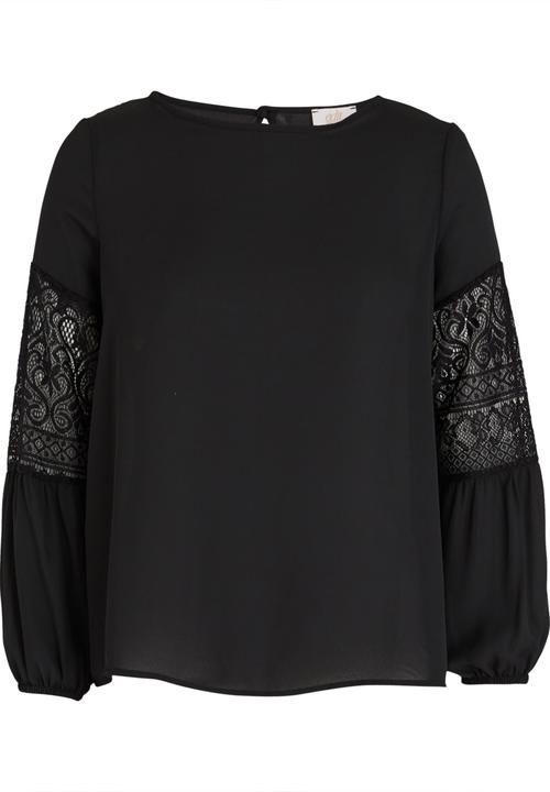 edit - Lace Inset Lantern Sleeve Top Black