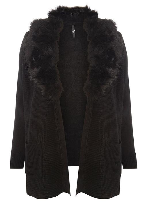 EVANS - Cardigan with Faux Fur Collar Black