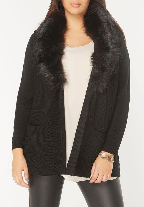 EVANS - Cardigan with Faux Fur Collar Black