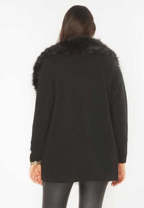 EVANS - Cardigan with Faux Fur Collar Black