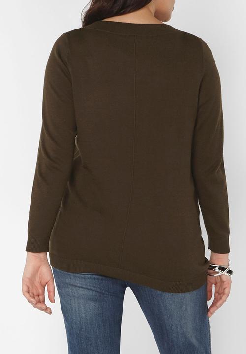 EVANS - V-Neck Long Sleeve Sweater Khaki Green