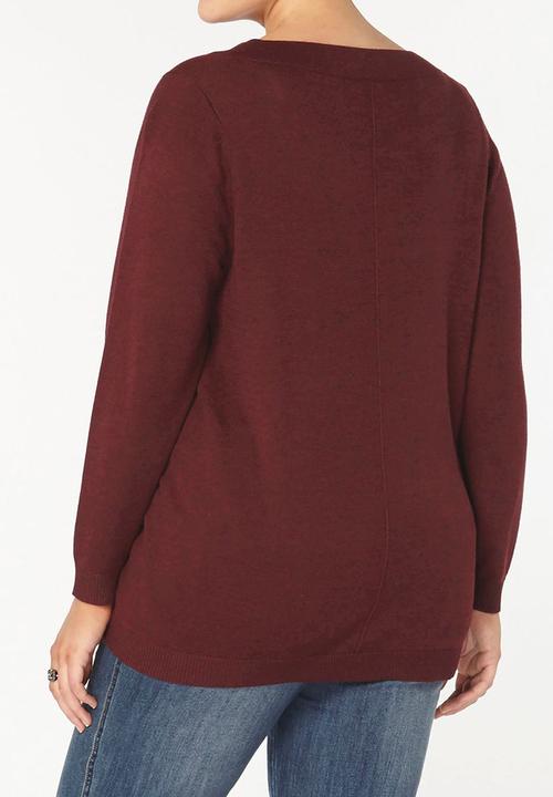 EVANS - V-Neck Long Sleeve Sweater Dark Red