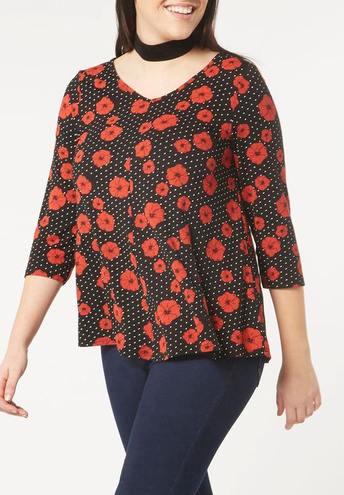 EVANS - Poppy Print Top Black