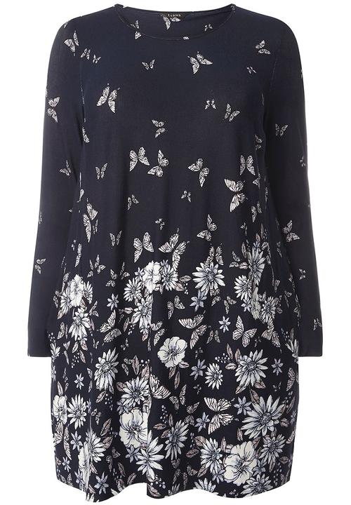 EVANS - Butterfly Print Pocket Tunic Navy