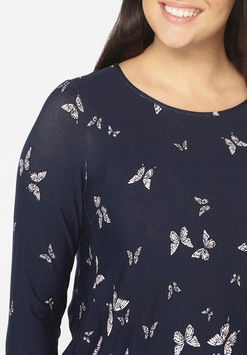 EVANS - Butterfly Print Pocket Tunic Navy