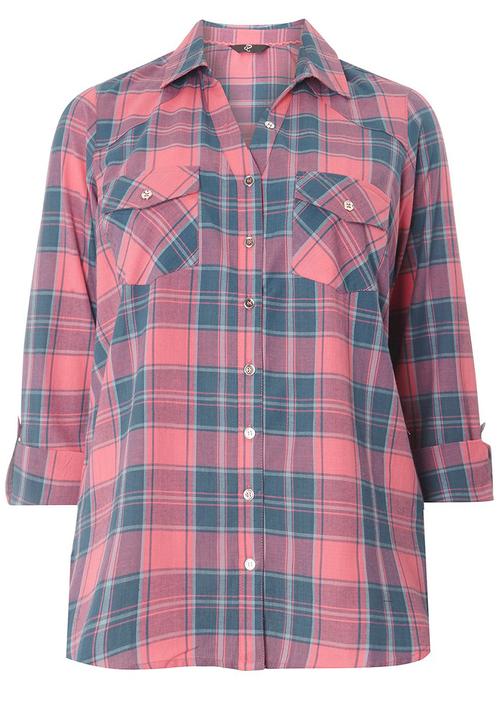 EVANS - Roll-up Sleeve Check Shirt Mid Pink