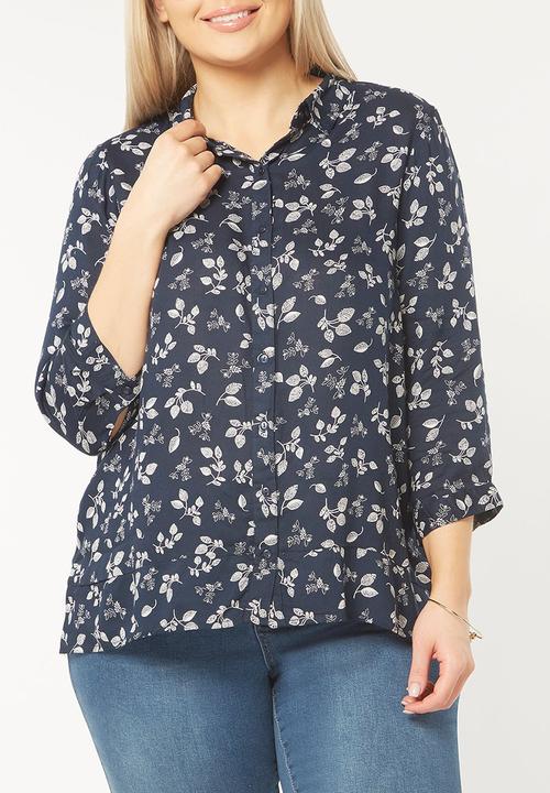 EVANS - Leaf Print Shirt Navy