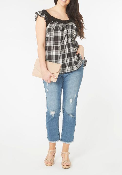 EVANS - Lace Trim Check Top Black and White