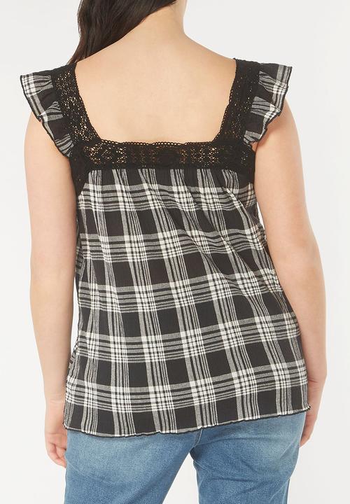 EVANS - Lace Trim Check Top Black and White