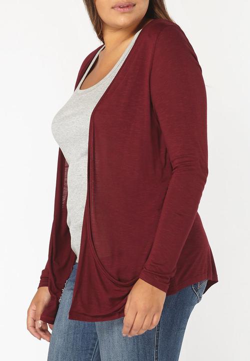 EVANS - Drape Pocket Cardigan Dark Red