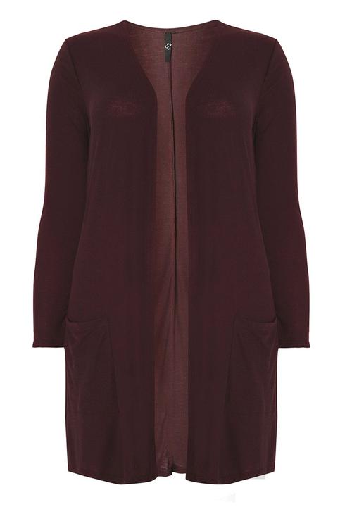 EVANS - Longline Ribbed Cardigan with Pockets Dark Red