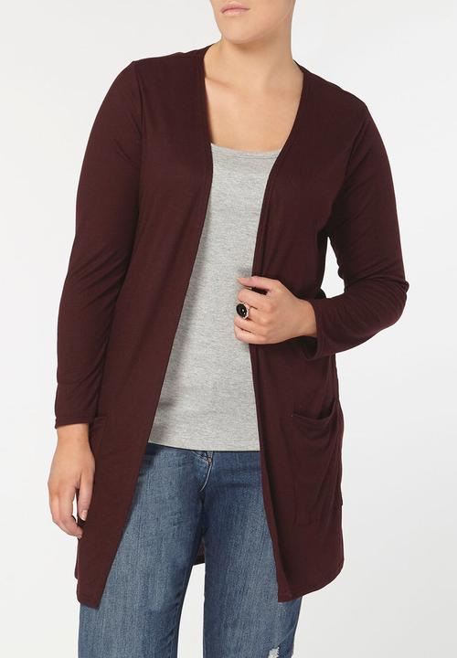 EVANS - Longline Ribbed Cardigan with Pockets Dark Red