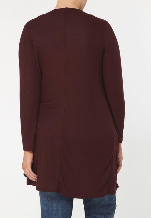 EVANS - Longline Ribbed Cardigan with Pockets Dark Red