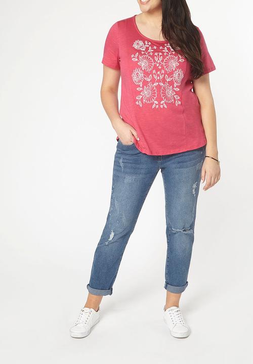 EVANS - Short Sleeve Embroidery Detail Tee Mid Pink