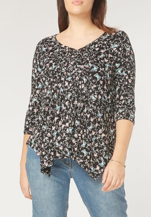 EVANS - All-over Print Pleat Detail Top Black