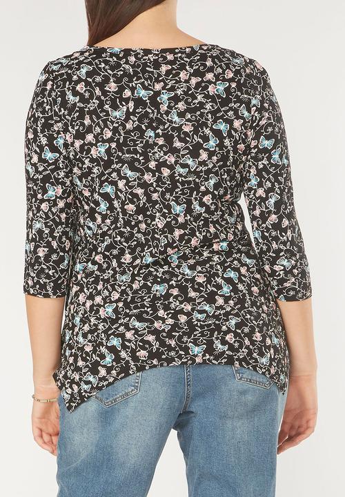 EVANS - All-over Print Pleat Detail Top Black