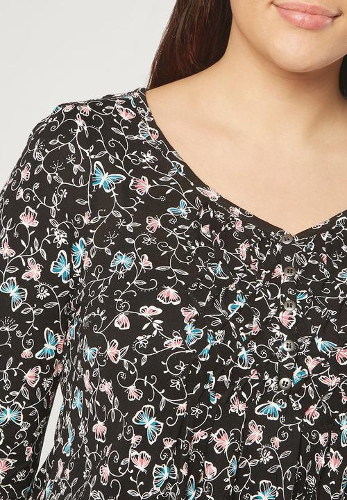EVANS - All-over Print Pleat Detail Top Black