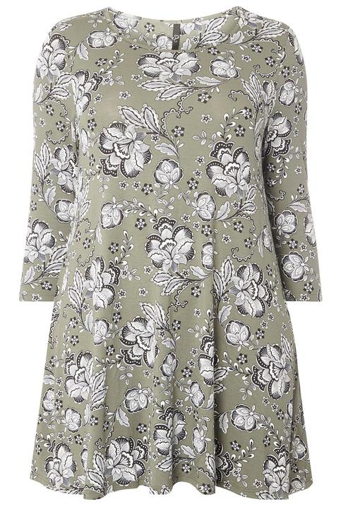 EVANS - Floral Print Swing Tunic Khaki Green