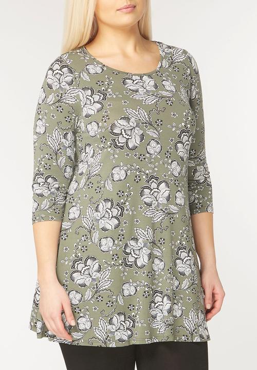 EVANS - Floral Print Swing Tunic Khaki Green