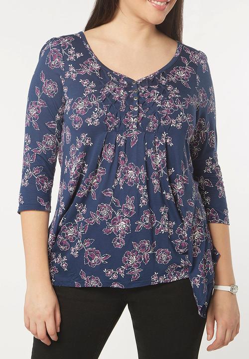 EVANS - All-over Print Pleat Detail Top Navy