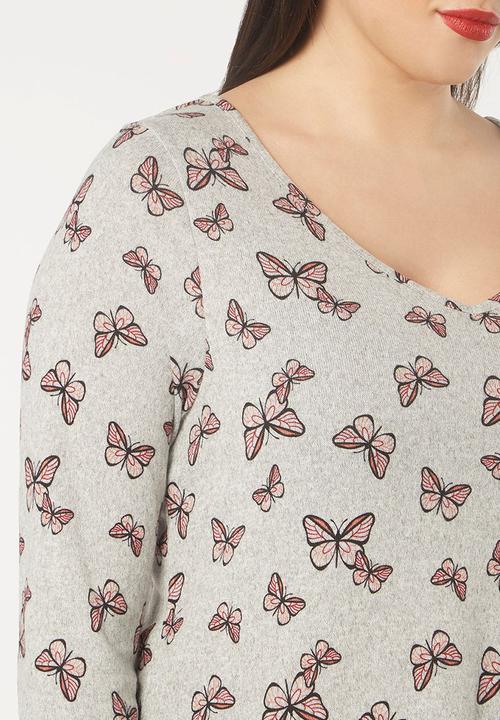 EVANS - Butterfly Print Soft Touch Top Grey