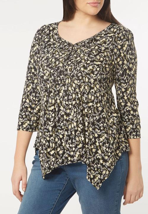 EVANS - All-over Print Pleat Detail Top Black