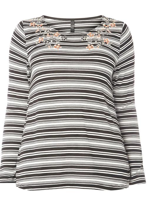EVANS - Stripe Embroidery Detail Top Black and White