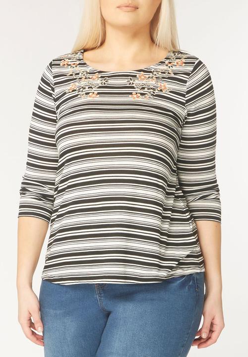 EVANS - Stripe Embroidery Detail Top Black and White